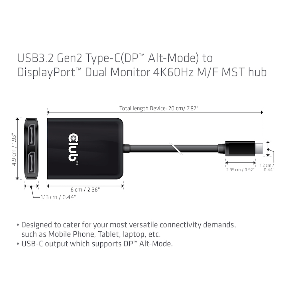 Club 3D Multi Stream Transport (MST) HUB - Dual Display 4K60Hz