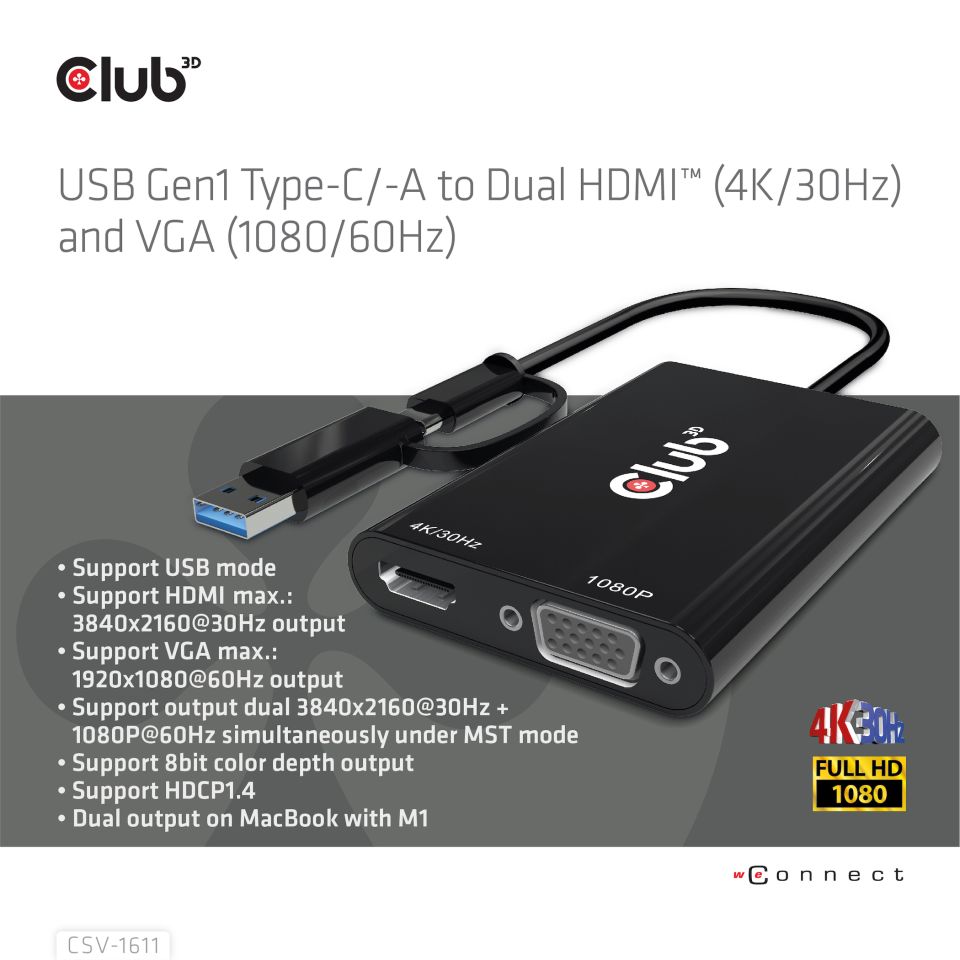 Club 3D Splitter USB-C auf HDMI + VGA