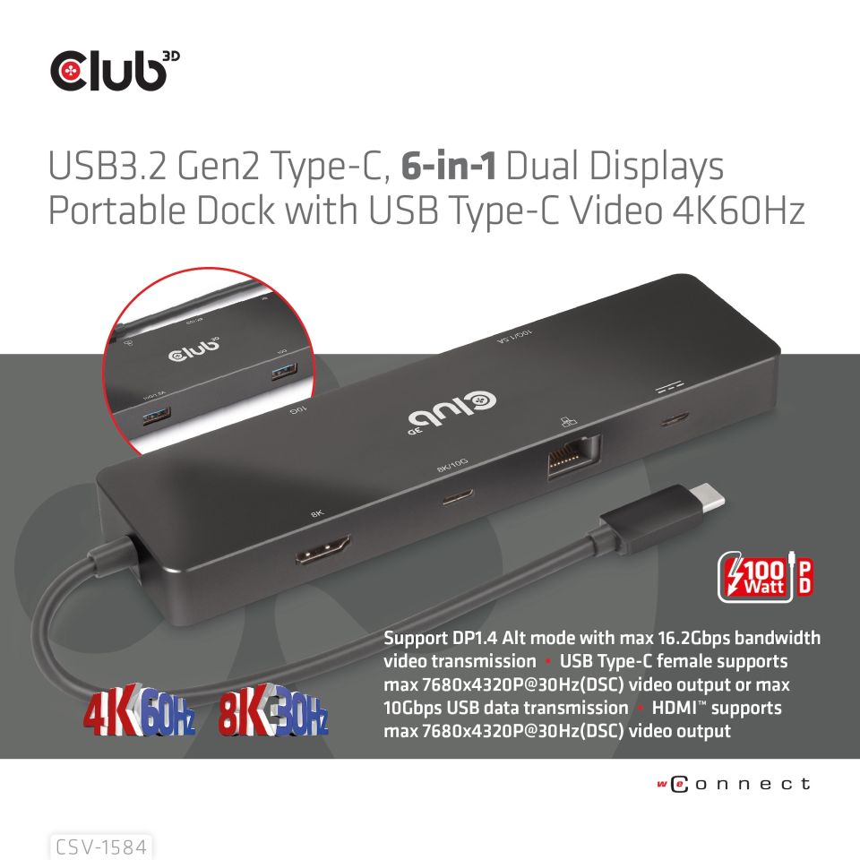 Club 3D USB-C Dockingstation 6-in-1  Dual Displays 