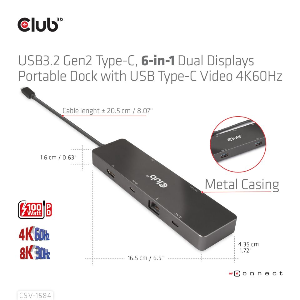 Club 3D USB-C Dockingstation 6-in-1  Dual Displays 