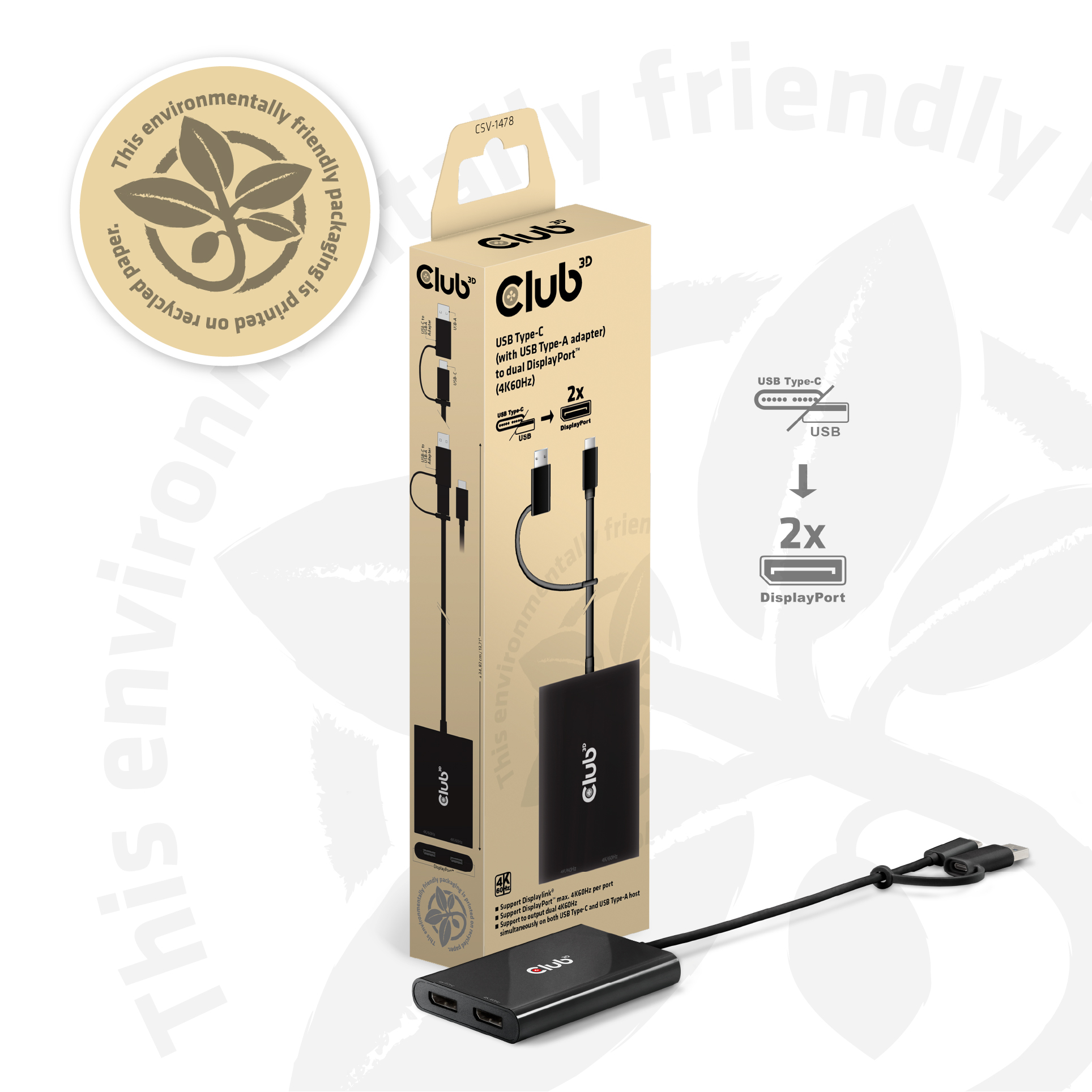 Club 3D Splitter USB-C/USB-A auf 2 DisplayPort