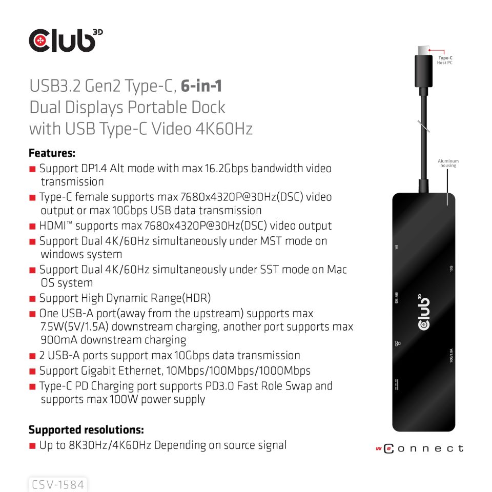 Club 3D USB-C Dockingstation 6-in-1  Dual Displays 