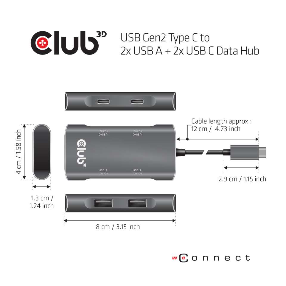 Club 3D USB Typ-C auf 2x USB A + 2x USB C Daten Hub