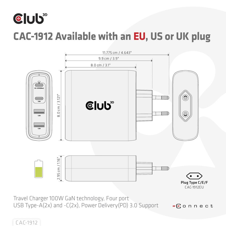 Club 3D Reiseladegerät - 100W 