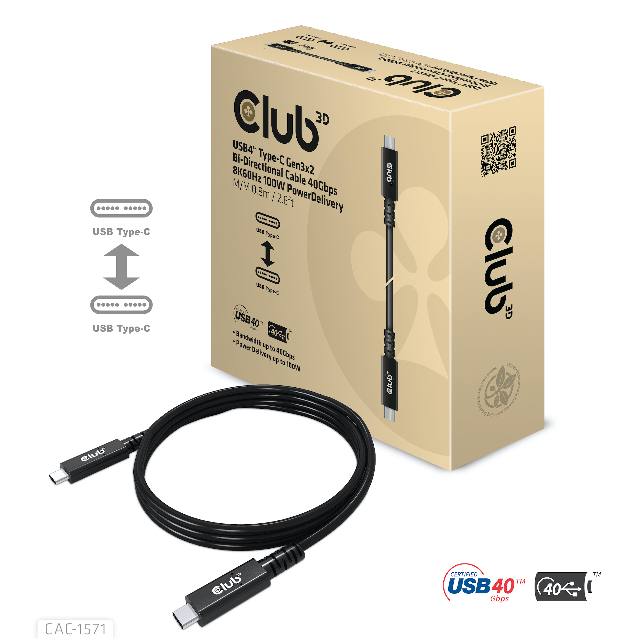 Club 3D USB 4 Typ C Anschlusskabel - 0,8m