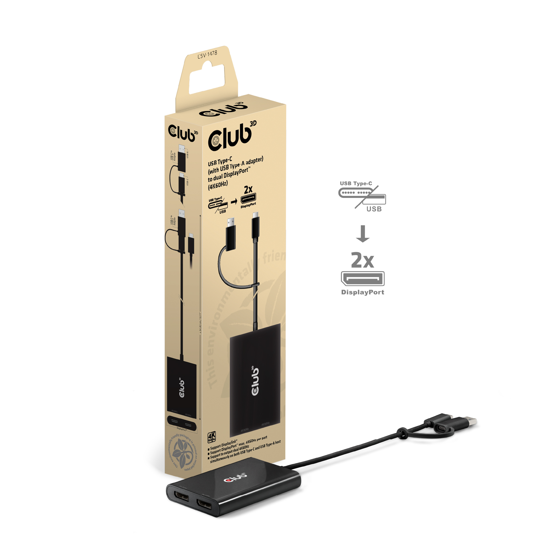 Club 3D Splitter USB-C/USB-A auf 2 DisplayPort