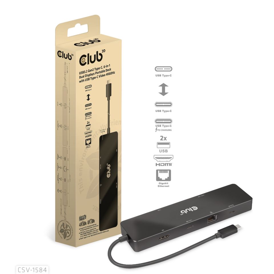 Club 3D USB-C Dockingstation 6-in-1  Dual Displays 
