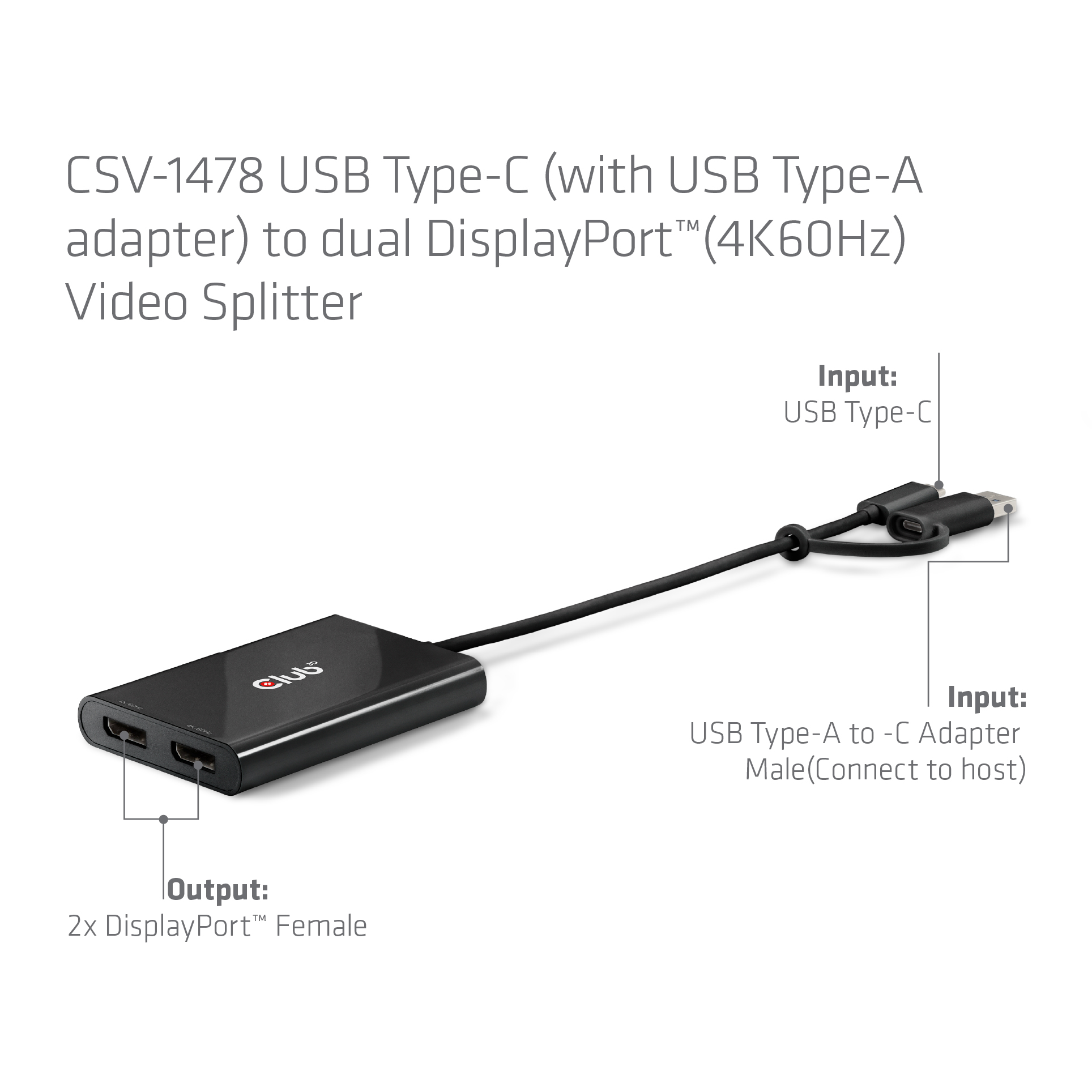 Club 3D Splitter USB-C/USB-A auf 2 DisplayPort