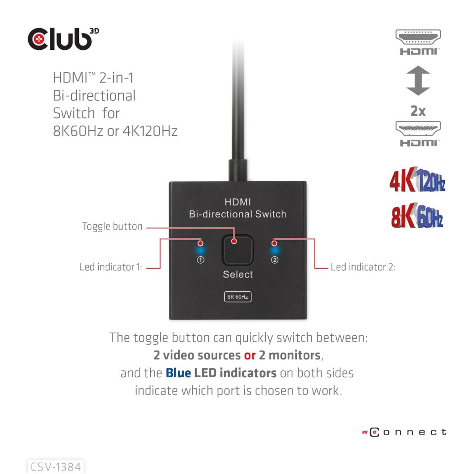 Club 3D Switch HDMI™ 2-in-1 bi-direktionaler 