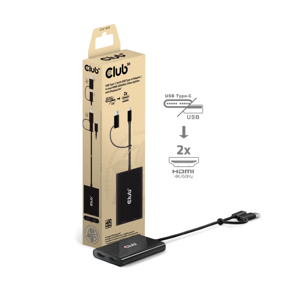 Club 3D Splitter USB-C/USB-A auf 2 HDMI