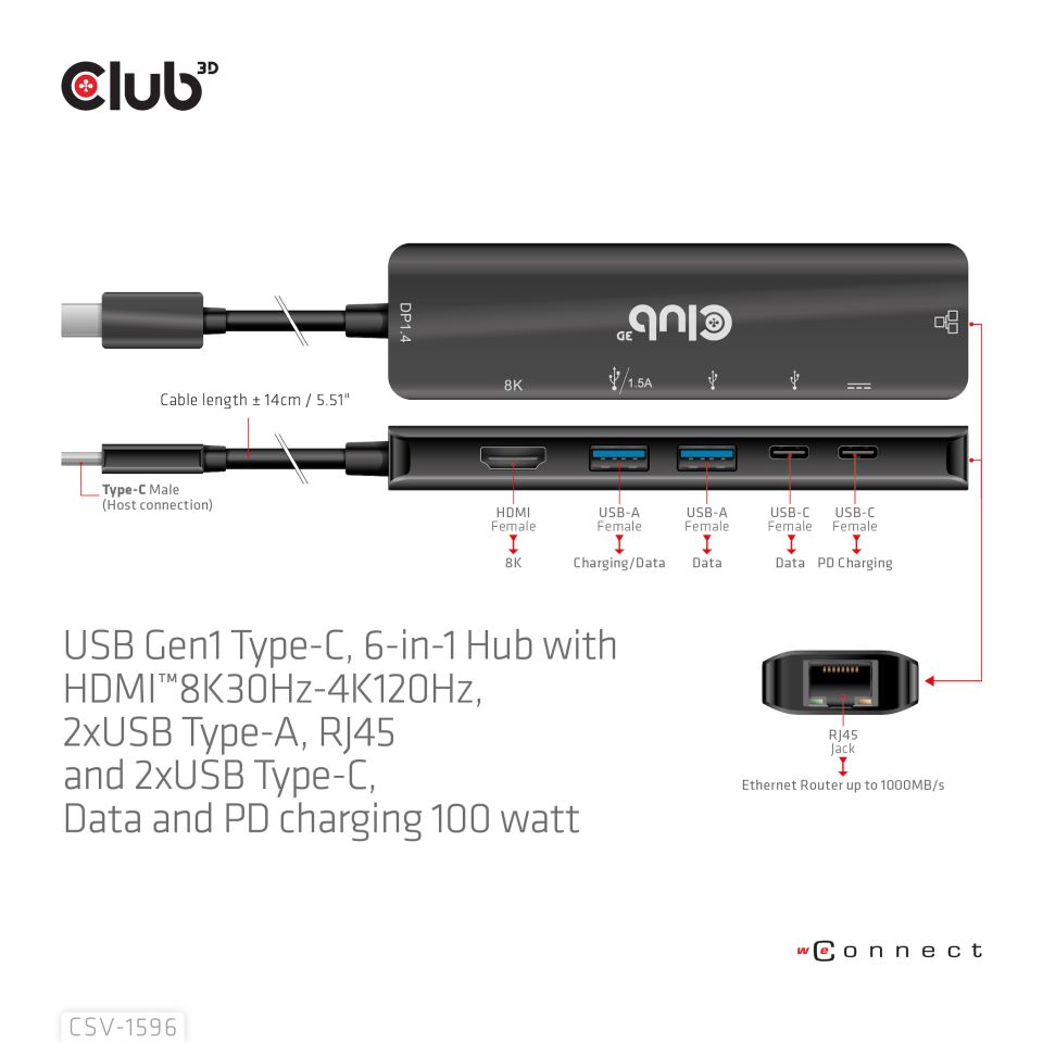 Club 3D USB-C Dockingstation 6 in 1 - 8K30Hz