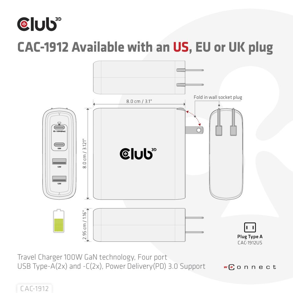 Club 3D Reiseladegerät - 100W 