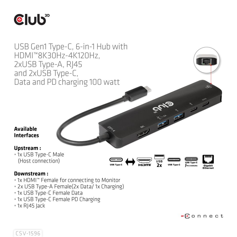 Club 3D USB-C Dockingstation 6 in 1 - 8K30Hz