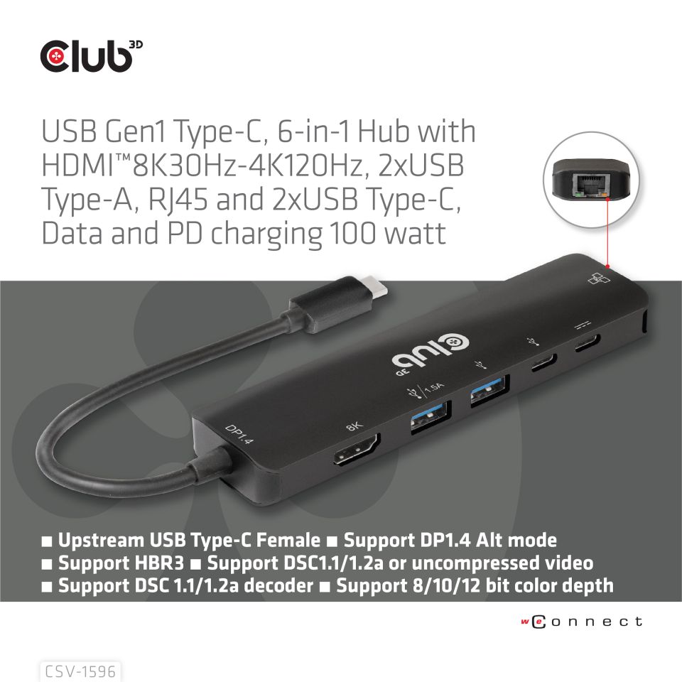 Club 3D USB-C Dockingstation 6 in 1 - 8K30Hz