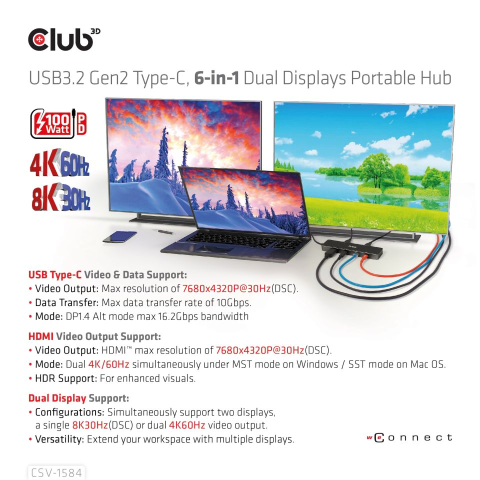 Club 3D USB-C Dockingstation 6-in-1  Dual Displays 